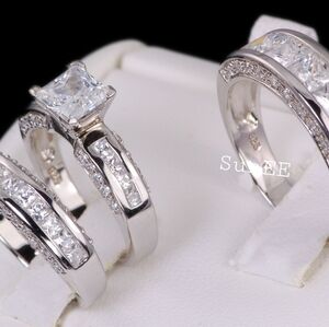 New His Hers Real 925 Wedding Engagement Ring Set